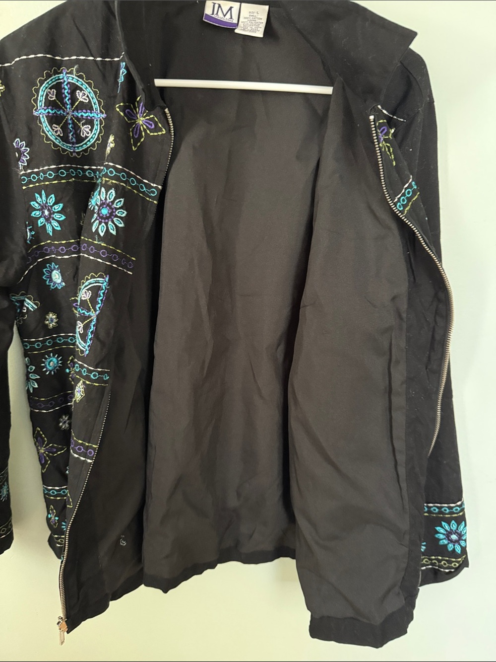 Black Embroidered Zip-Front Jacket with Teal Floral Motif Size Large - Picture 9 of 9